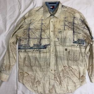 VNTG Tommy Hilfiger Button Up Sail Boat/Sea Map